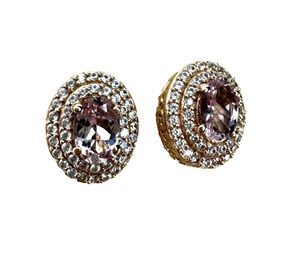 Pink Morganite & Moissanite Oval-cut Halo Stud Earrings 18k Gold Vermeil 925 SS